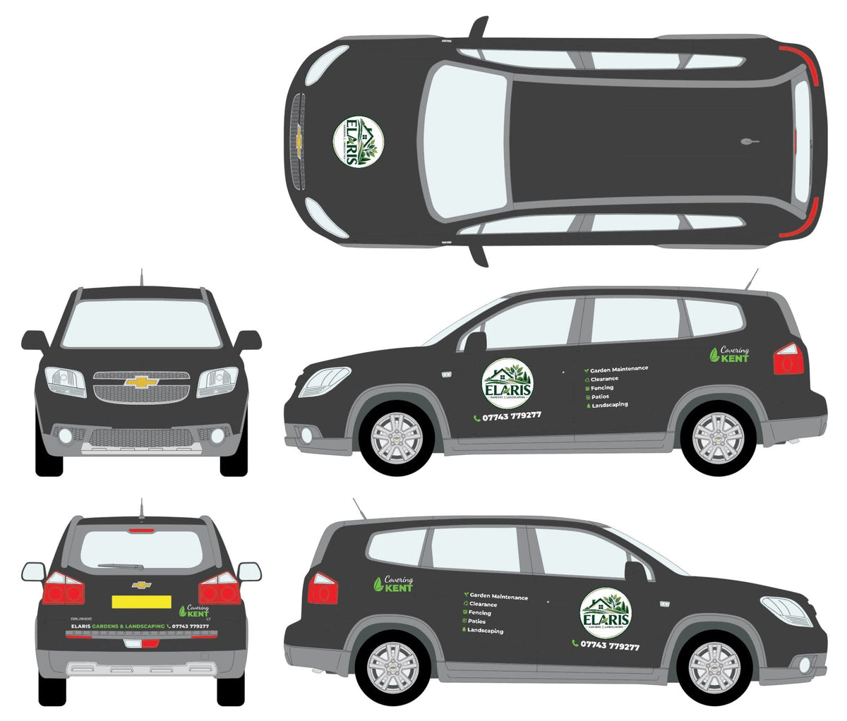 Elaris Gardens & Landscaping vinyl graphics on a Chevrolet Orlando – all views