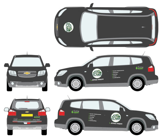 Elaris Gardens & Landscaping vinyl graphics on a Chevrolet Orlando – all views