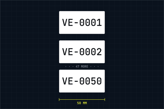 Numbered asset ID labels VE-0001 to VE-0050, 50 mm wide