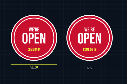 Double-sided We're Open window sticker, front and back