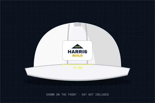 Custom logo sticker on the front of a white hard hat