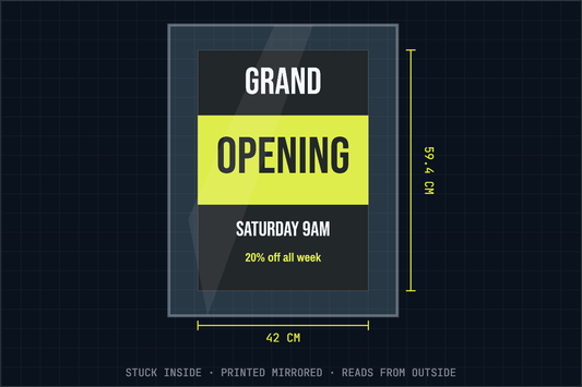 Grand Opening window poster on shop glass